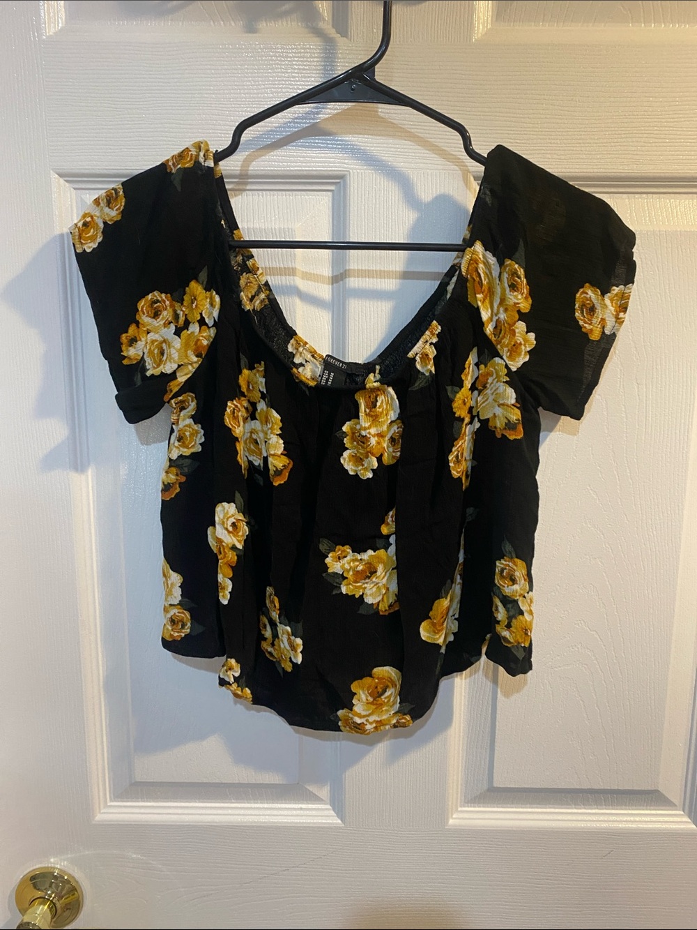 Forever 21 Black Floral  Women's Top with Yellow Rose Print medium
